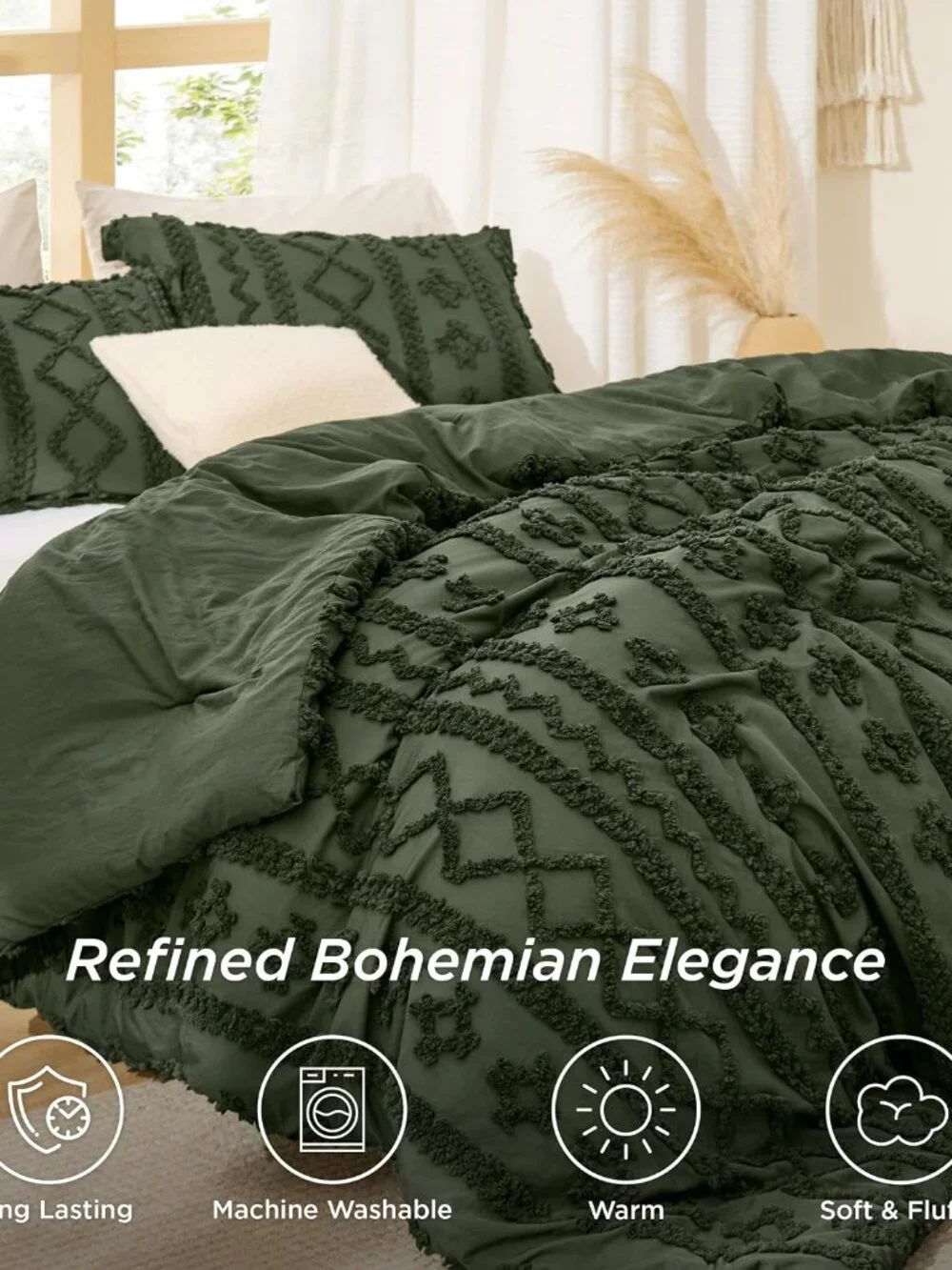 Tufted Boho Comforter Set Queen Size - Olive Green Boho Bed Set, GentleSoft 3 Pi